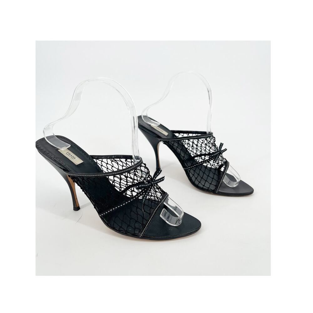 Prada Vintage Black Fishnet Bow Detail Retro Mule Slide Sandal Heel size IT 38.5